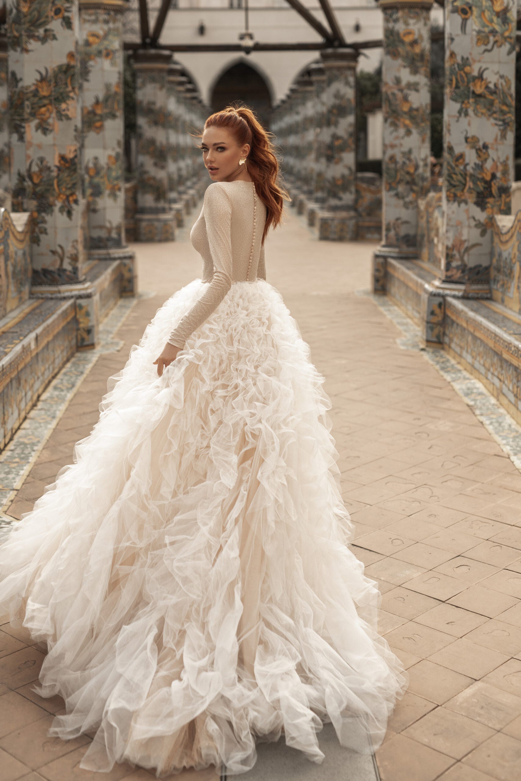 Elegant Puffy Princess Bridal Gown with Lace Embellishments and Jewel Neckline for a Timeless Wedding Look