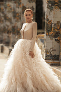 Elegant Puffy Princess Bridal Gown with Lace Embellishments and Jewel Neckline for a Timeless Wedding Look