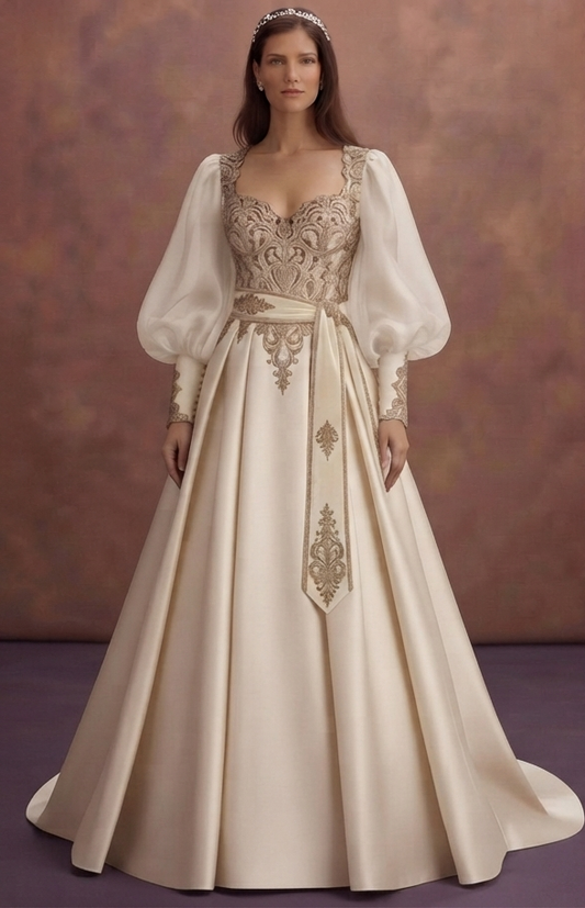 Bishop Sleeve Satin Wedding Dresses with Regal Beauty