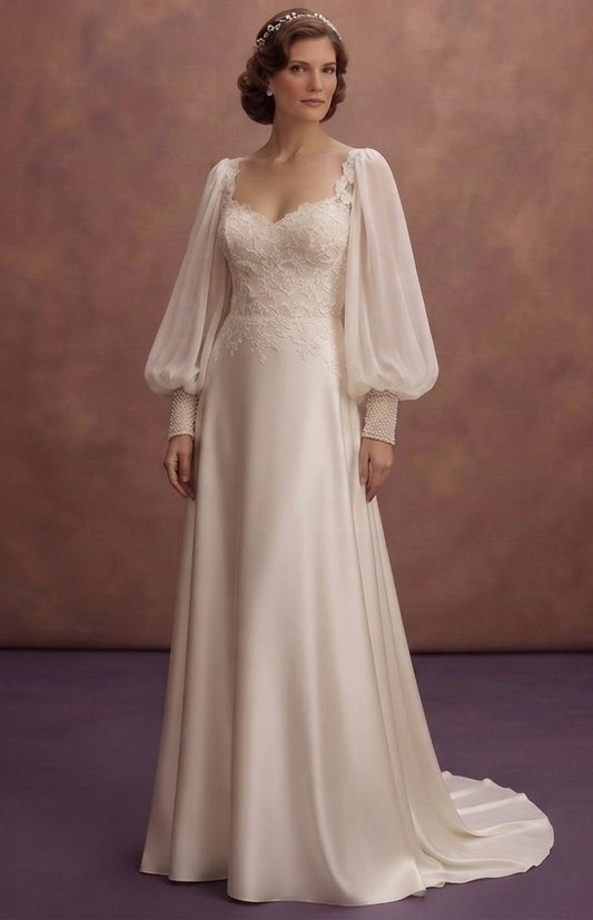 Bishop Sleeve Silk Wedding Dresses with Vintage Romance