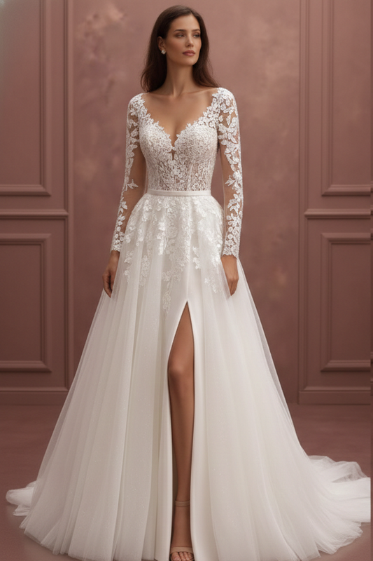 Bishop Sleeve Wedding Dress Chiffon Long Boho Romantic Gown