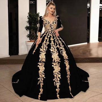 Noble A-Line Prom Dress Half Sleeves Lace Appliques Formal Princess Evening Dress Floor Length Kafeta Party Gowns