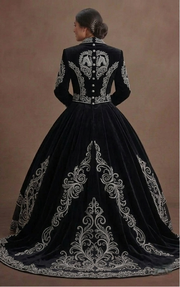 Black Quinceañera Dress - Charro Style Silver Embroidery