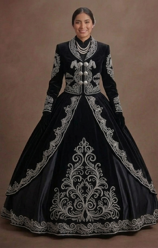 Black Quinceañera Dress - Charro Style Silver Embroidery