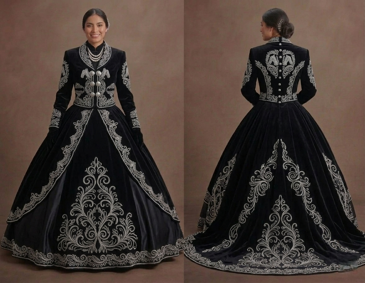 Black Quinceañera Dress - Charro Style Silver Embroidery