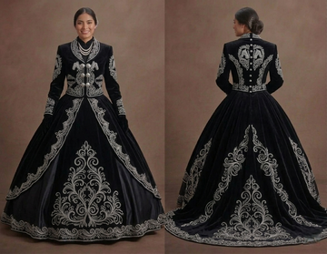 Black Quinceañera Dress - Charro Style Silver Embroidery