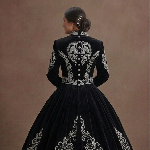 Black Quinceañera Dress - Charro Style Silver Embroidery