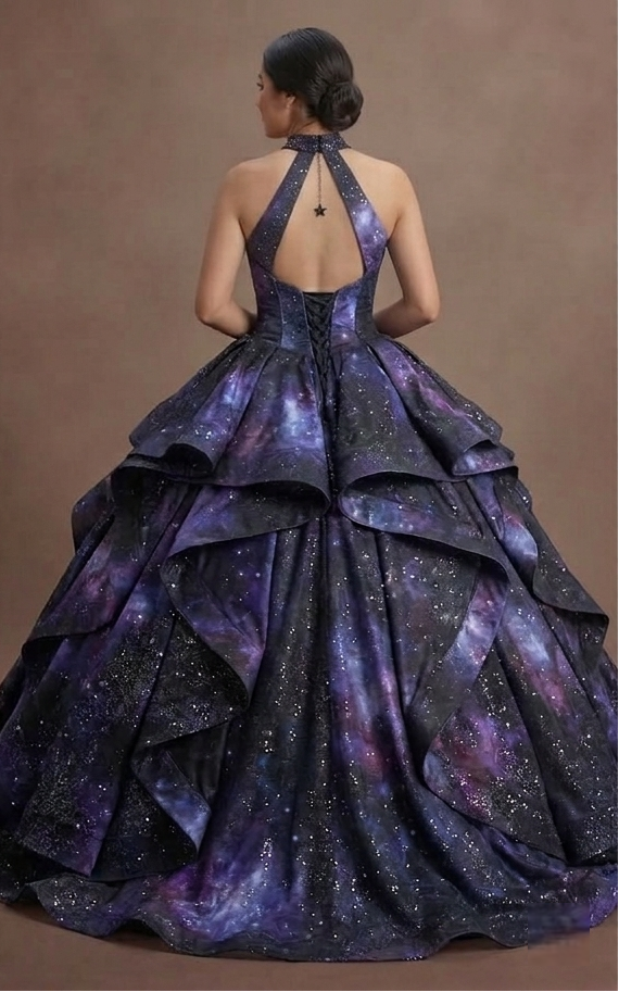 Black Quinceañera Dress - Galaxy Print Sparkle Fabric