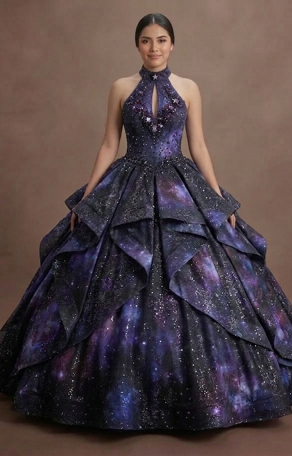 Black Quinceañera Dress - Galaxy Print Sparkle Fabric