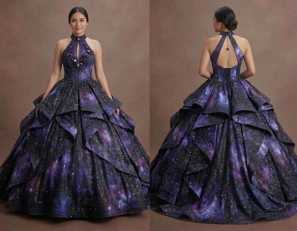 Black Quinceañera Dress - Galaxy Print Sparkle Fabric