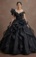 Black Quinceañera Dress - Midnight Black Organza Ruffles