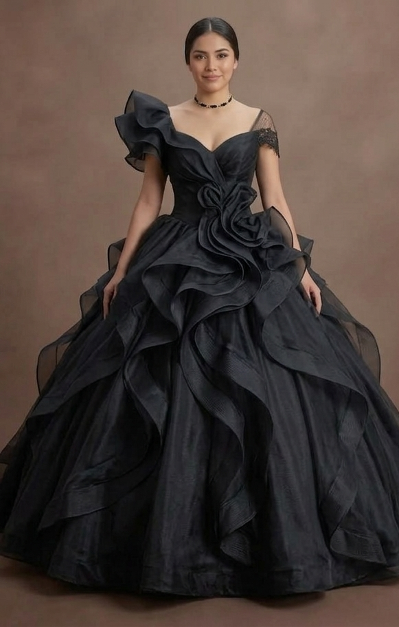 Black Quinceañera Dress - Midnight Black Organza Ruffles