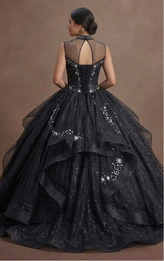 Black Quinceañera Dress - Starry Night Glitter Tulle