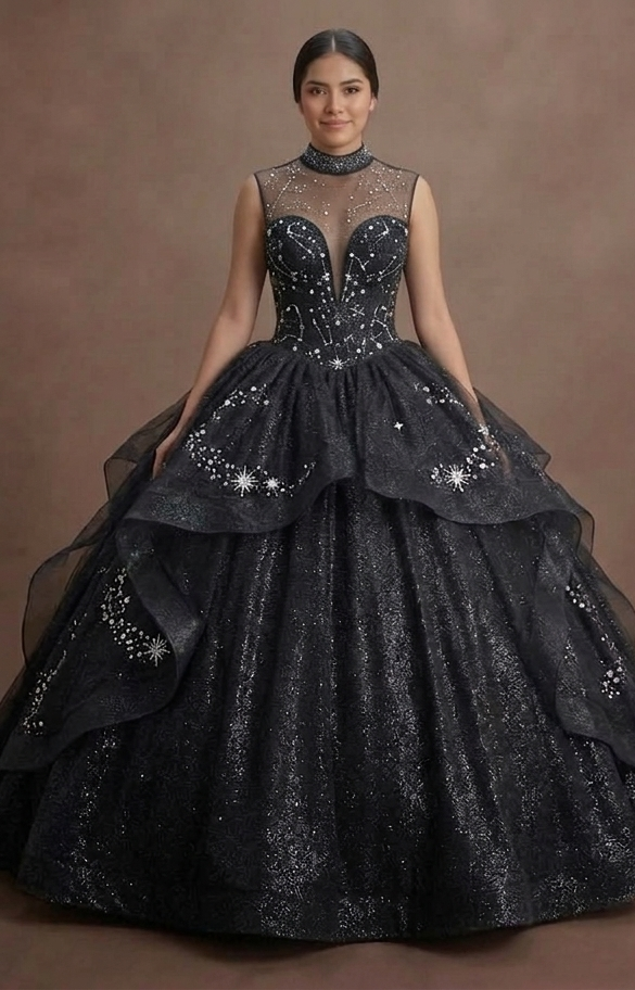 Black Quinceañera Dress - Starry Night Glitter Tulle