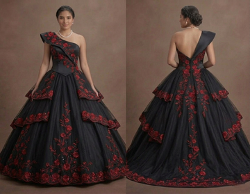 Black Quinceañera Dress - Tiered Tulle Dramatic Gown