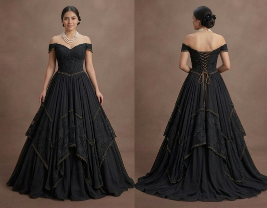 Black Wedding Dress Chiffon Boho Style Outdoor Ceremony