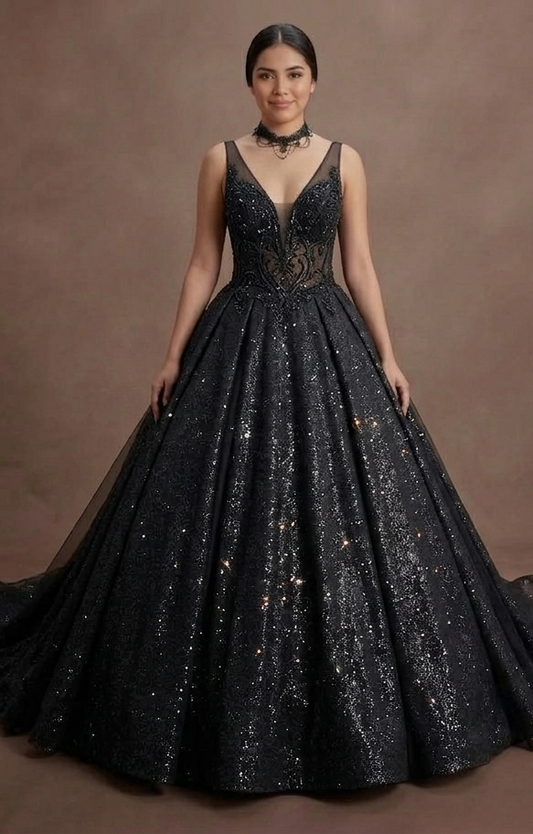 Black Wedding Dress Glitter Tulle Dramatic Bridal Entrance