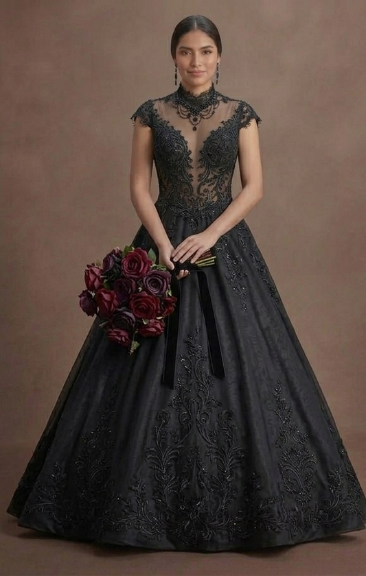 Black Wedding Dress Lace Appliqué Romantic Gothic Wedding