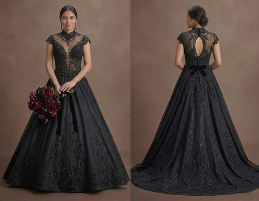 Black Wedding Dress Lace Appliqué Romantic Gothic Wedding