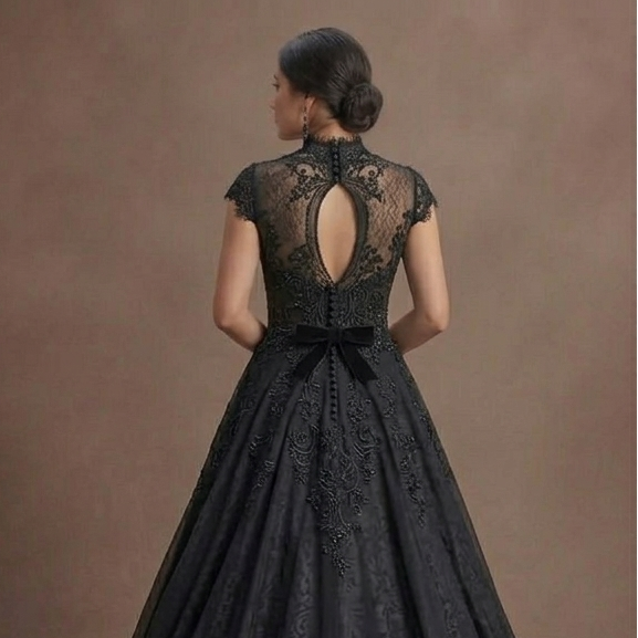 Black Wedding Dress Lace Appliqué Romantic Gothic Wedding