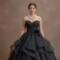 Black Wedding Dress Organza Strapless Elegant Ballroom