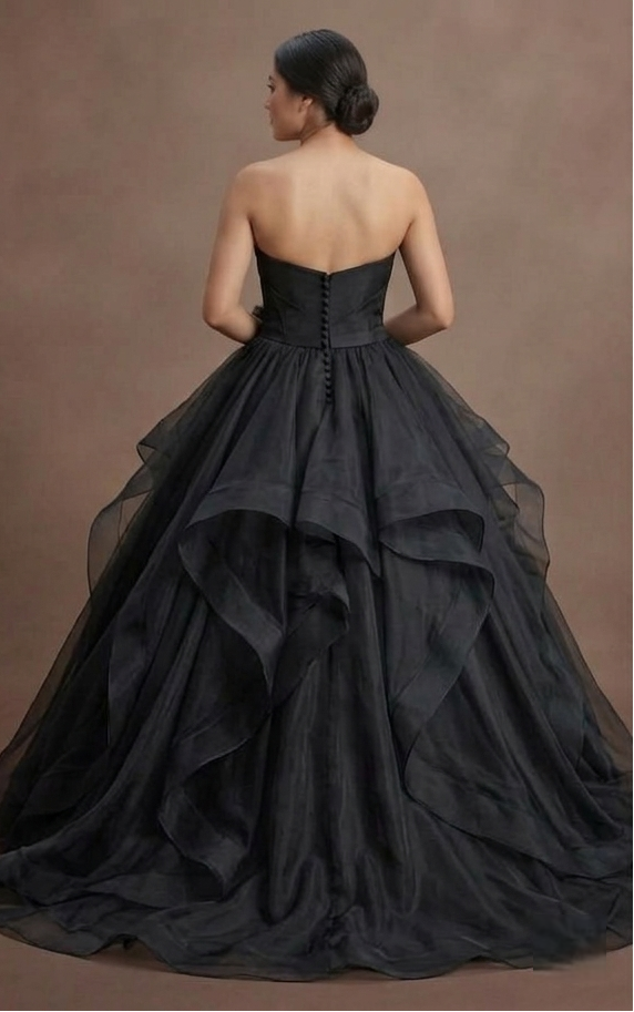 Black Wedding Dress Organza Strapless Elegant Ballroom