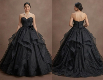 Black Wedding Dress Organza Strapless Elegant Ballroom