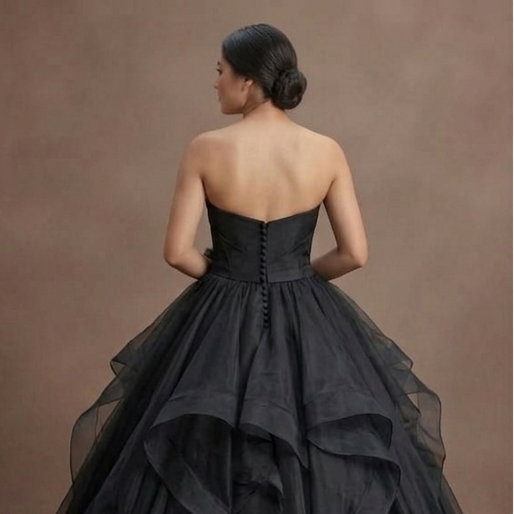 Black Wedding Dress Organza Strapless Elegant Ballroom