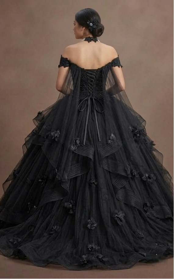 Black Wedding Dress Tulle Off Shoulder Fairytale Bridal