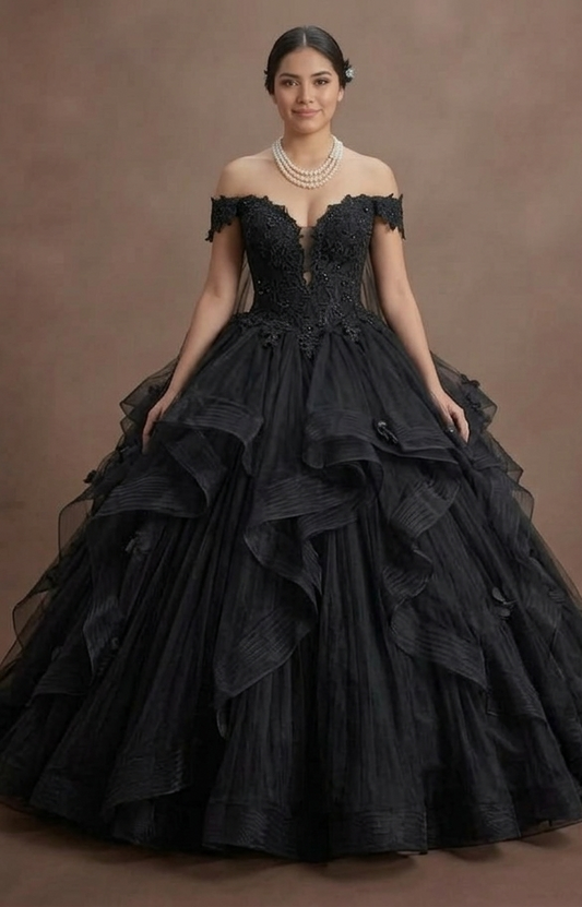Black Wedding Dress Tulle Off Shoulder Fairytale Bridal