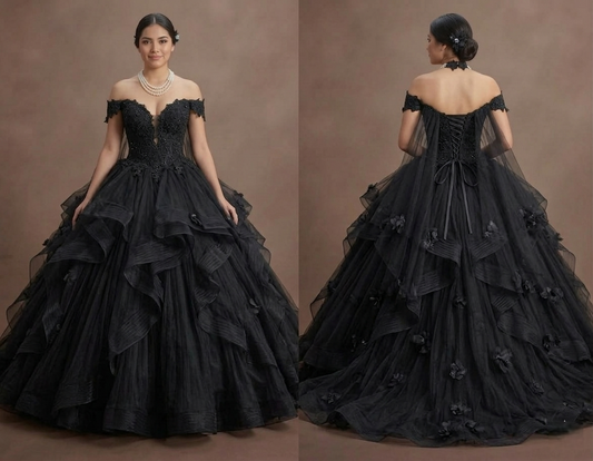 Black Wedding Dress Tulle Off Shoulder Fairytale Bridal