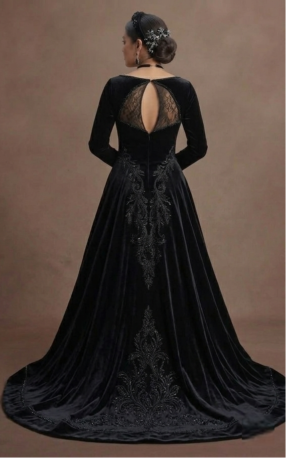 Black Wedding Dress Velvet A-Line Winter Formal Wedding
