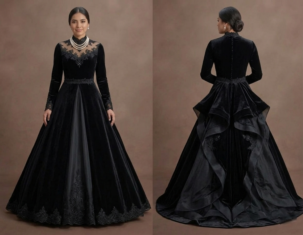 Black Wedding Dress Velvet Long Sleeve Winter Wedding