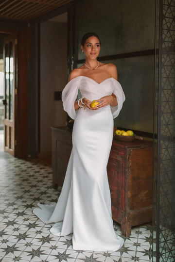 Elegant älskling sjöjungfru bröllopsklänning kvinnor vit från axeln öppen rygg satin brud klänning svep tåg vestidos de novia