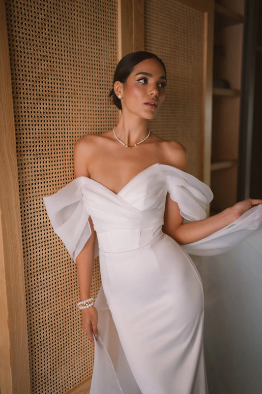 Elegant älskling sjöjungfru bröllopsklänning kvinnor vit från axeln öppen rygg satin brud klänning svep tåg vestidos de novia