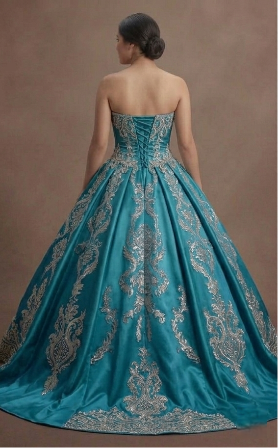 Blue Quinceañera Dress - Aquamarine Silk Strapless Gown