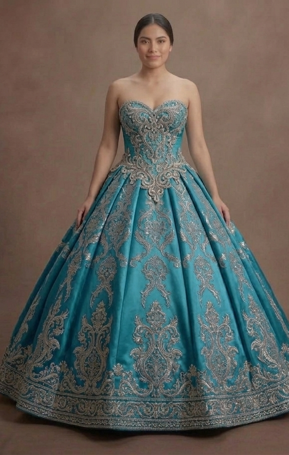 Blue Quinceañera Dress - Aquamarine Silk Strapless Gown