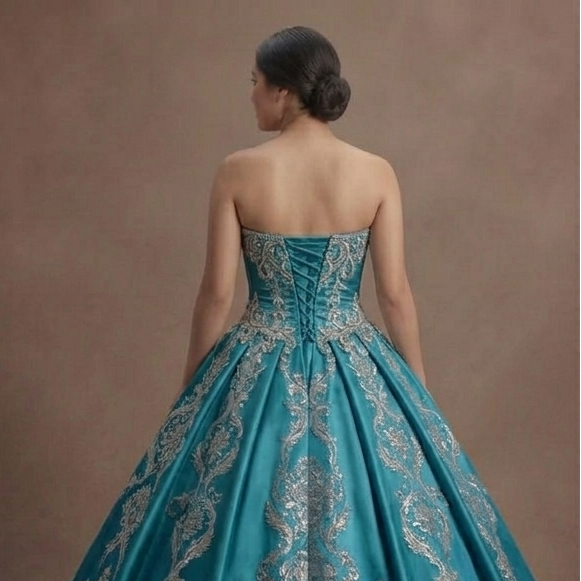 Blue Quinceañera Dress - Aquamarine Silk Strapless Gown