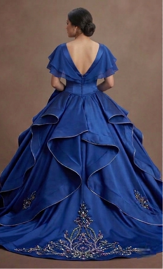 Blue Quinceañera Dress - Deep Cobalt Satin Formal Gown