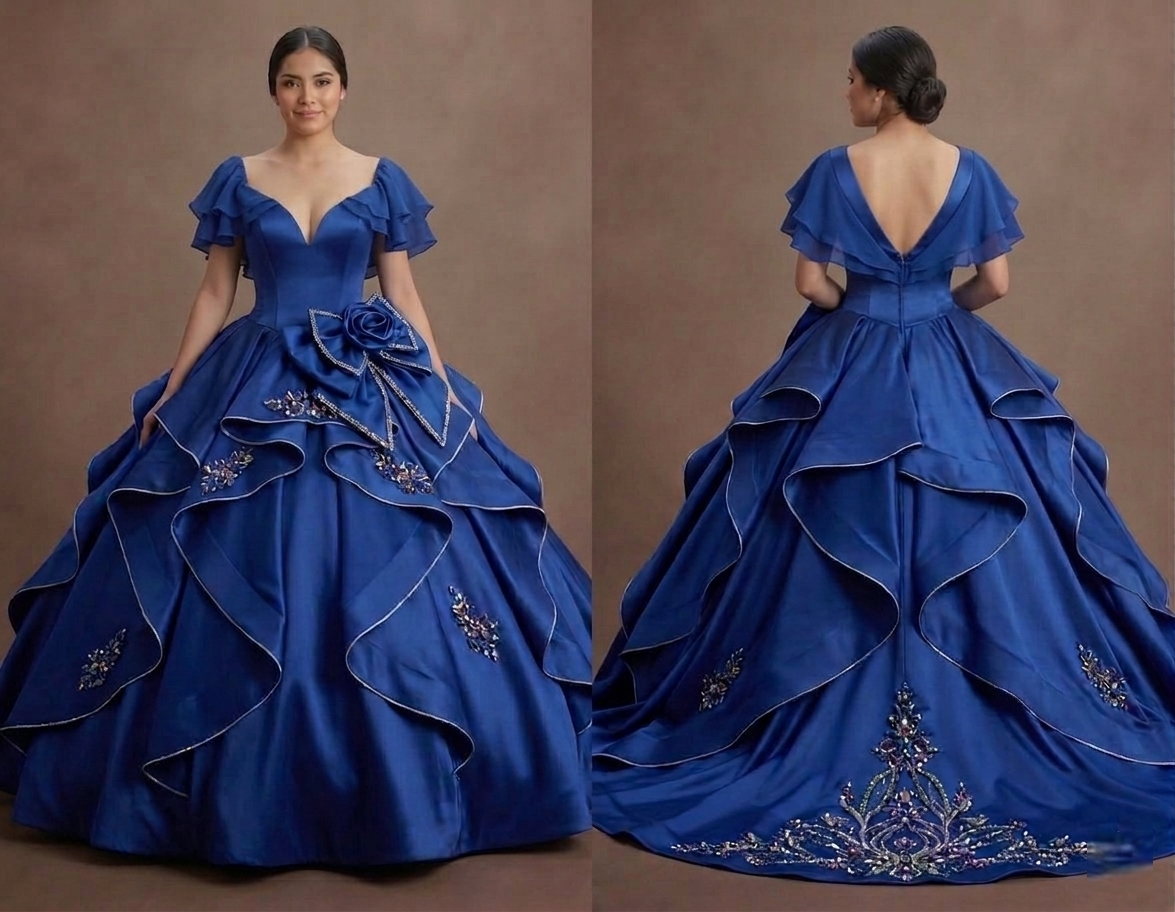 Blue Quinceañera Dress - Deep Cobalt Satin Formal Gown
