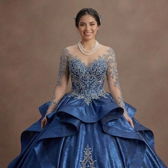 Blue Quinceañera Dress - Metallic Fabric Gala Gown