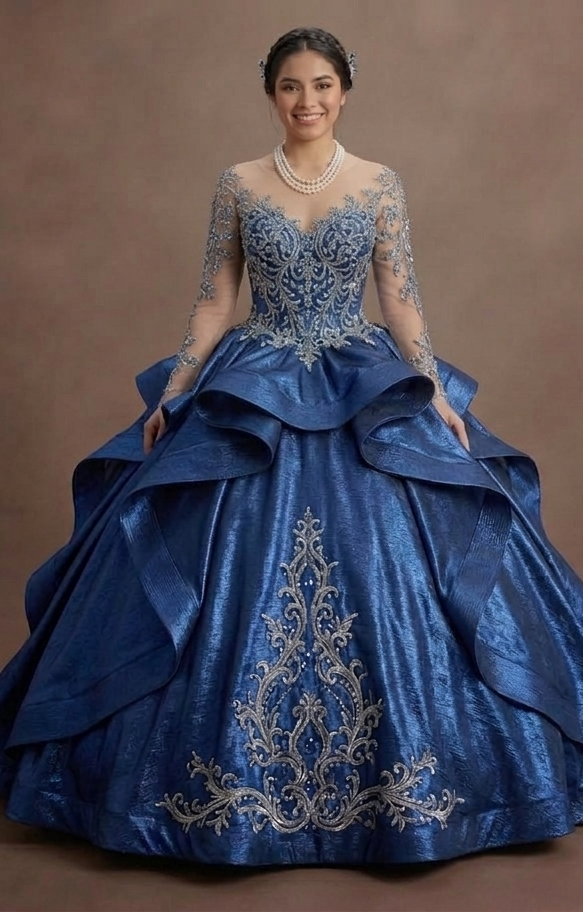 Blue Quinceañera Dress - Metallic Fabric Gala Gown