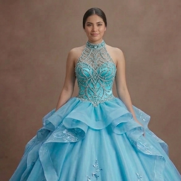 Blue Quinceañera Dress - Turquoise Tulle High-Volume Gown