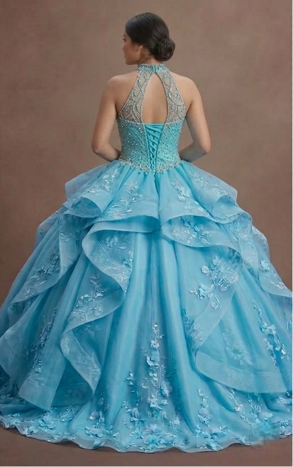 Blue Quinceañera Dress - Turquoise Tulle High-Volume Gown