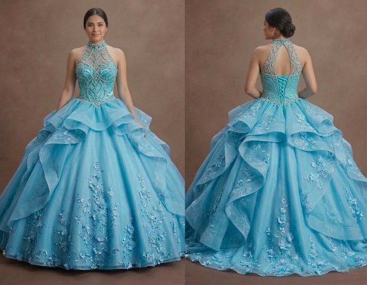 Blue Quinceañera Dress - Turquoise Tulle High-Volume Gown