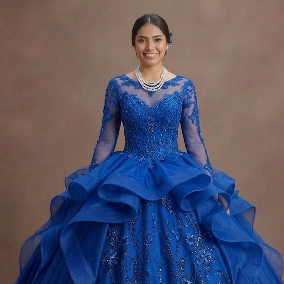Blue Quinceañera Dress Long Sleeve Lace Applique Gown