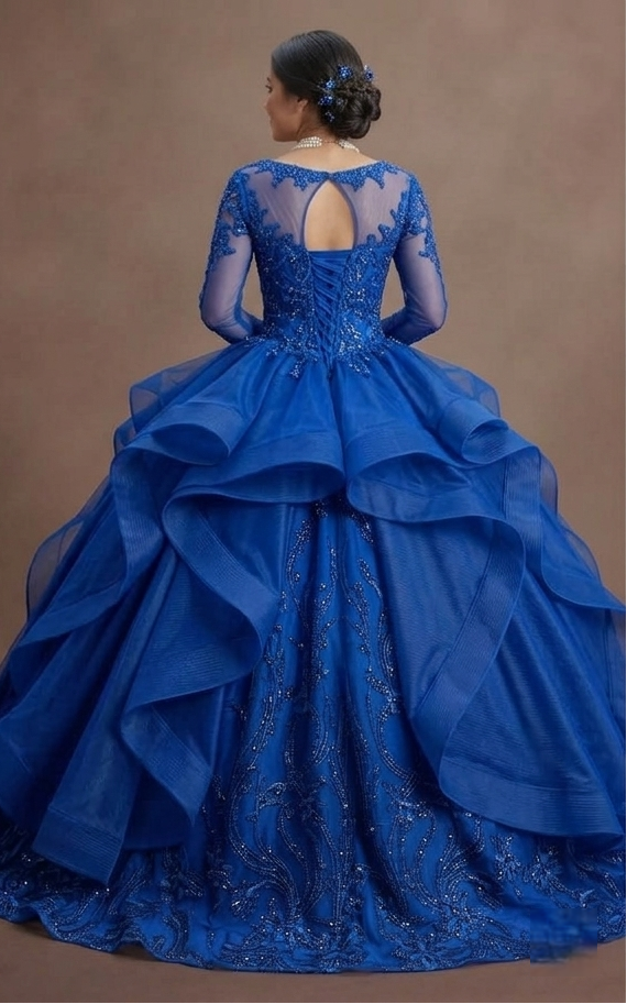 Blue Quinceañera Dress Long Sleeve Lace Applique Gown