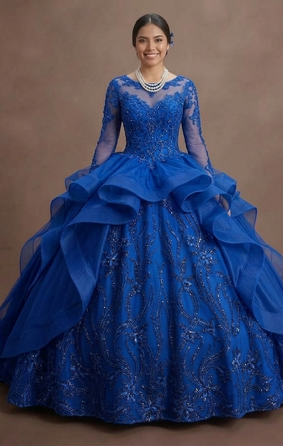 Blue Quinceañera Dress Long Sleeve Lace Applique Gown