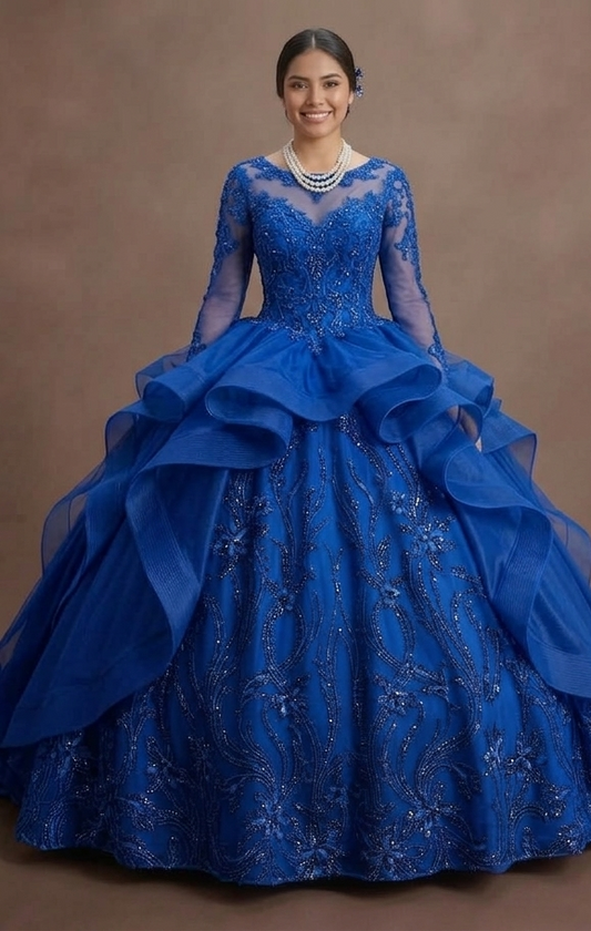 Blue Quinceañera Dress Long Sleeve Lace Applique Gown