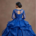 Blue Quinceañera Dress Long Sleeve Lace Applique Gown